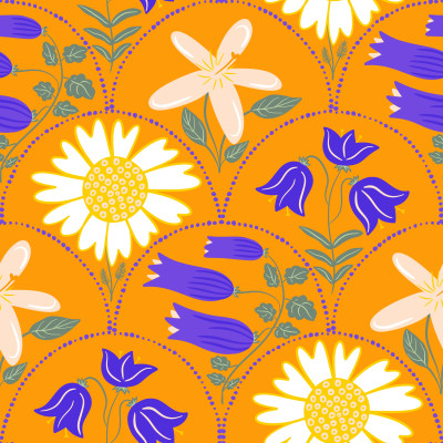 Summer meadow colorful flowers on bright orange