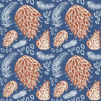 Pine cones and twigs on navy blue winter pattern