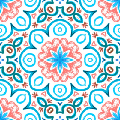 Red Blue and White Curly Heart Mandala Abstract
