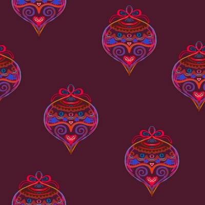 Red and blue Christmas ornaments on wine red