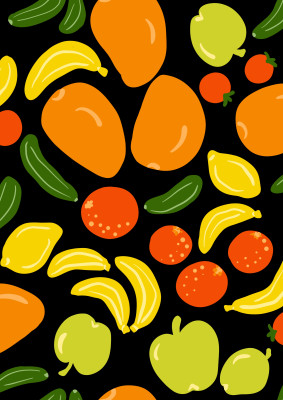 Tropical indian fruits and vegetables bright colors on black
