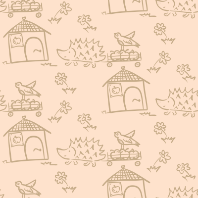 Fall harvest scene hedgehog with cart of apples, garden shed and singing bird