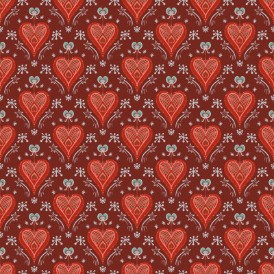 Festive bold red hand drawn folk art heart ornaments with bow, shooting stars and snowflakes