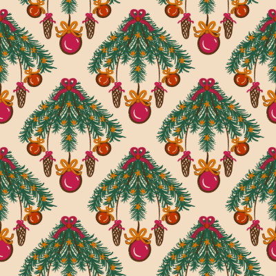 Christmas twigs decoration with red baubles and bow on beige