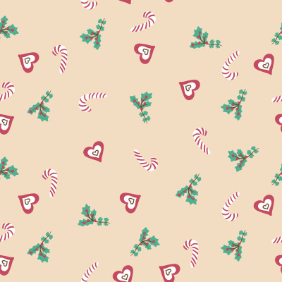 Christmas candy canes holly leafs with red berries and pink hearts on beige