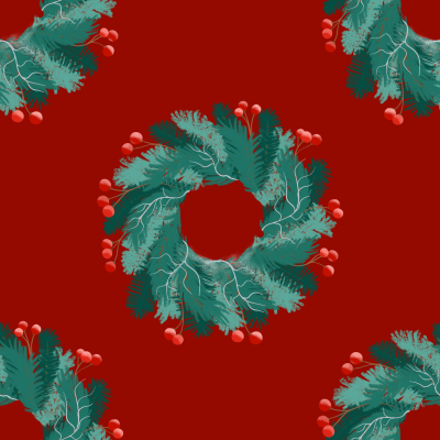 Christmas wreath with red berries on festive red